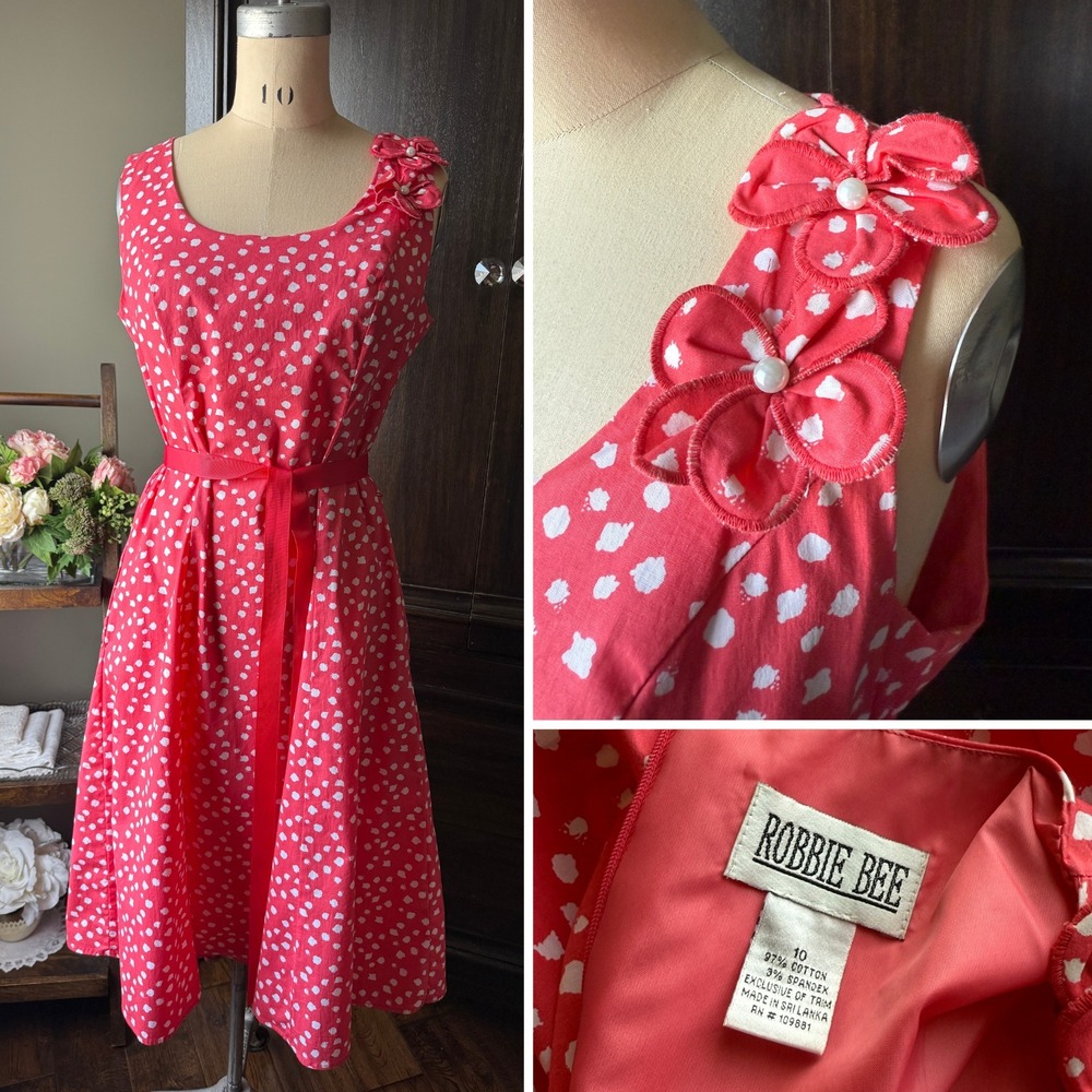 Vintage 90s Robbie Bee Dress Polka Dot Cotton Fit Flare Floral Accent Belted 10